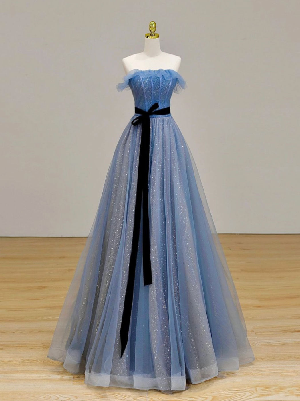 Prom Dresses Long Open Back, A-Line Blue Long Prom Dress, Tulle Sequin Long Blue Formal Evening Dress