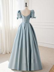 Prom Dresses Cheap, A-Line Blue Satin Puffy Sleeve Long Prom Dress, Blue Formal Dresses