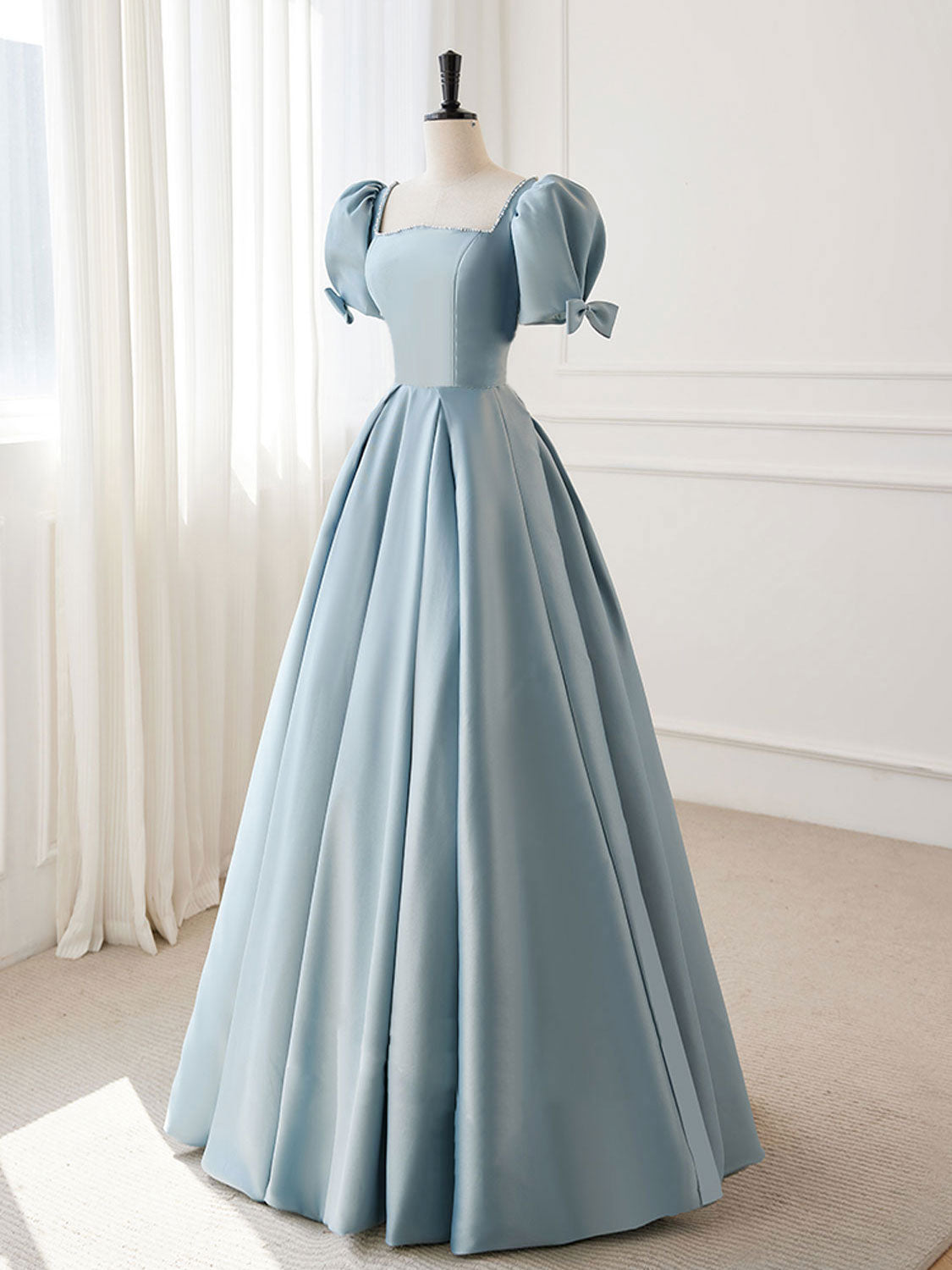 Prom Dresses Ball Gown, A-Line Blue Satin Puffy Sleeve Long Prom Dress, Blue Formal Dresses