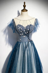 Party Dress Australian, A-line Blue Tulle Long Beaded Prom Dress, A-Line Formal Evening Dress