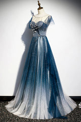 Party Dress Australia, A-line Blue Tulle Long Beaded Prom Dress, A-Line Formal Evening Dress