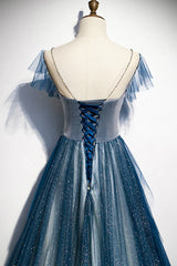 Party Dresses With Sleeves, A-line Blue Tulle Long Beaded Prom Dress, A-Line Formal Evening Dress