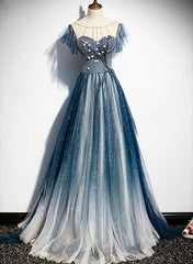 Party Dresses Australia, A-line Blue Tulle Long Beaded Prom Dress, A-Line Formal Evening Dress