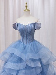 Prom Dresses For Black, A-Line Blue Tulle Long Prom Dress, Blue Sweet 16 Dress