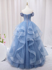 Prom Dress Shops Nearby, A-Line Blue Tulle Long Prom Dress, Blue Sweet 16 Dress