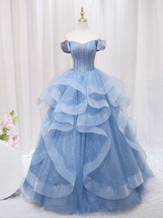 Prom Dresses Boho, A-Line Blue Tulle Long Prom Dress, Blue Sweet 16 Dress