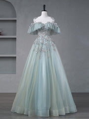 Evening Dress Fitted, A-Line Blue Tulle sequin Lace Long Prom Dress, Blue Lace Sweet 16 Dress