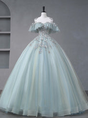 Evenning Dresses Short, A-Line Blue Tulle sequin Lace Long Prom Dress, Blue Lace Sweet 16 Dress