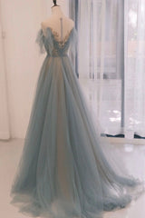 Party Dress Styles, A-line Blue with Lace Applique Party Dress, Long Blue Formal Dress Prom Dress