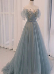 Party Dress Ideas, A-line Blue with Lace Applique Party Dress, Long Blue Formal Dress Prom Dress