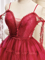 Prom Dress Fitted, A-Line Burgundy Lace Short Prom Dress, Burgundy Puffy Homecoming Dresses