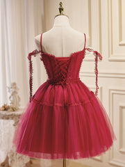 Prom Dresses Fitting, A-Line Burgundy Lace Short Prom Dress, Burgundy Puffy Homecoming Dresses