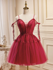 Prom Dresses For Brunettes, A-Line Burgundy Lace Short Prom Dress, Burgundy Puffy Homecoming Dresses