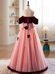 Homecoming Dresses 2031, A-Line Burgundy/Pink Tulle Velvet Long Prom Dress, Burgundy Formal Dress