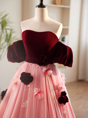 Homecoming Dress Elegant, A-Line Burgundy/Pink Tulle Velvet Long Prom Dress, Burgundy Formal Dress