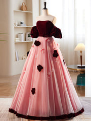 Homecoming Dresses Elegant, A-Line Burgundy/Pink Tulle Velvet Long Prom Dress, Burgundy Formal Dress