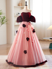 Homecoming Dress Online, A-Line Burgundy/Pink Tulle Velvet Long Prom Dress, Burgundy Formal Dress