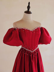 Prom Dress Idea, A-Line Burgundy Satin Puff Sleeves Long Prom Dress, Burgundy Formal Evening Dress