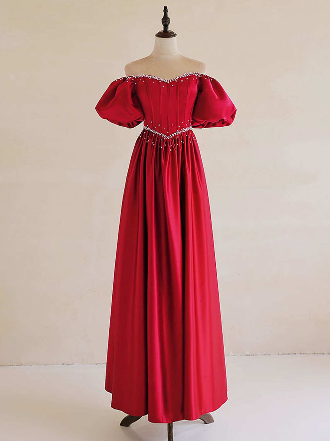 Prom Dress 2031, A-Line Burgundy Satin Puff Sleeves Long Prom Dress, Burgundy Formal Evening Dress