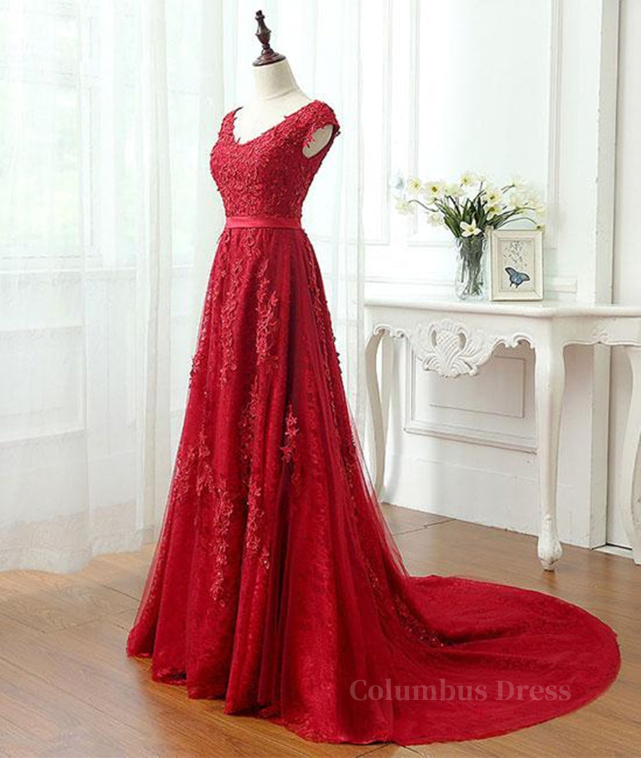 Bridesmaid Dress Sale, A Line Cap Sleeves Burgundy Lace Long Prom Dress with Appliques, Burgundy Formal Dress, Burgundy Evening Dress