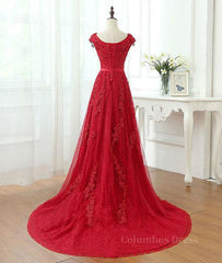 Bridesmaid Dress Custom, A Line Cap Sleeves Burgundy Lace Long Prom Dress with Appliques, Burgundy Formal Dress, Burgundy Evening Dress