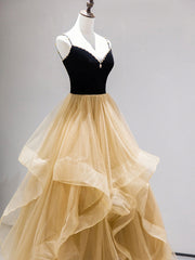 Wedding Dress, A-Line Champagne Tulle Long Prom Dresses, Velvet Graduation Dresses with Beading