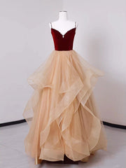 Prom Dress Burgundy, A-Line Champagne Tulle Long Prom Dresses, Velvet Graduation Dresses with Beading