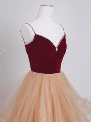 Prom Dresses Burgundy, A-Line Champagne Tulle Long Prom Dresses, Velvet Graduation Dresses with Beading