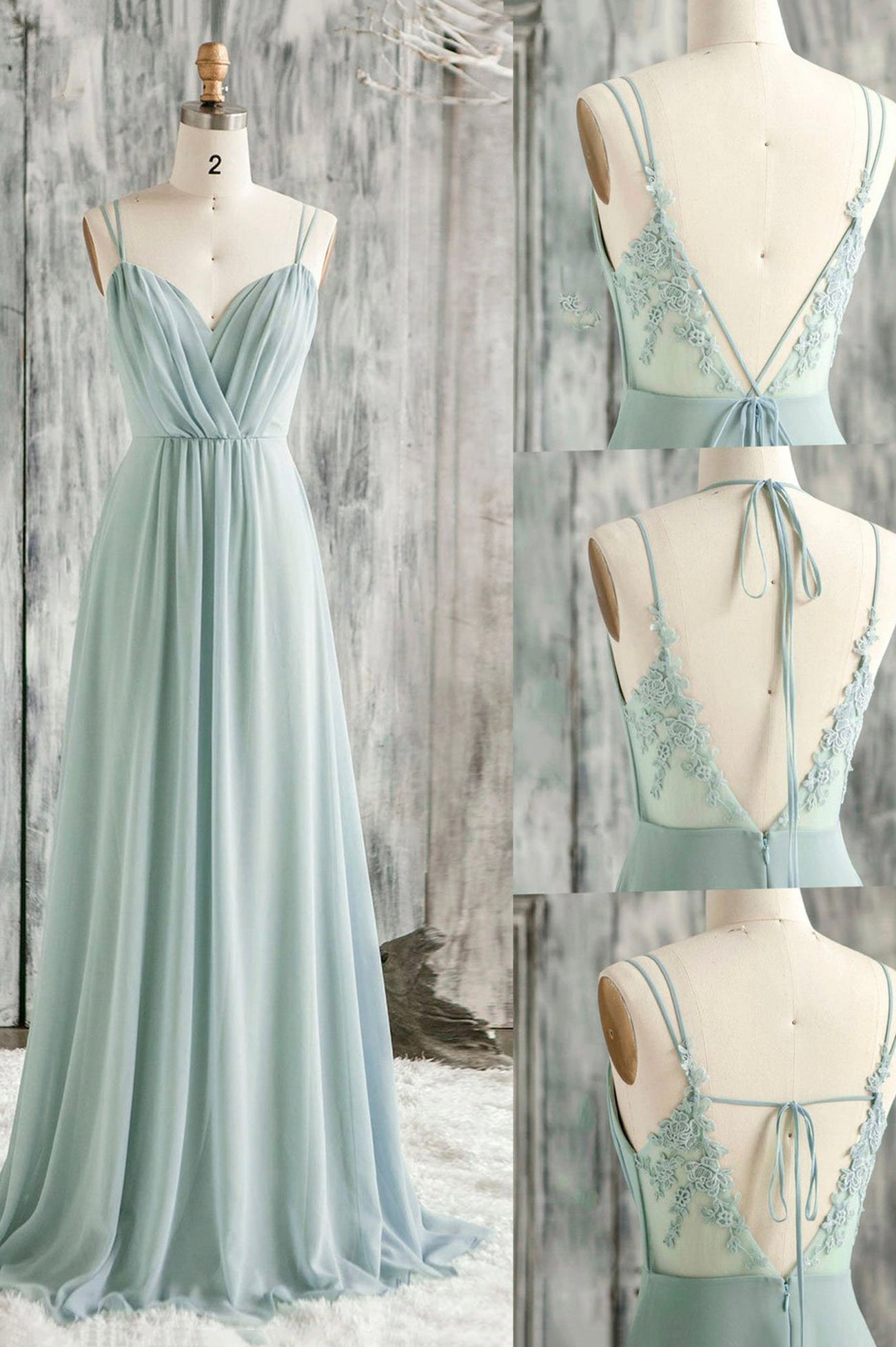 Bridesmaid Dresses Summer Wedding, A-Line Chiffon Lace Long Prom Dress, Green Spaghetti Strap Backless Evening Dress