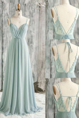 Bridesmaid Dresses Summer Wedding, A-Line Chiffon Lace Long Prom Dress, Green Spaghetti Strap Backless Evening Dress