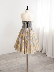 Homecomming Dresses Bodycon, A-Line Gold/Blue Lace  Short Prom Dress, Cute Homecoming Dress with Beading