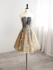 Homecomeing Dresses Bodycon, A-Line Gold/Blue Lace  Short Prom Dress, Cute Homecoming Dress with Beading