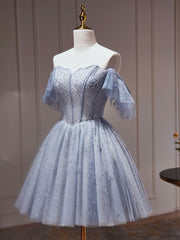 Homecoming Dress Vintage, A-Line Gray Blue Tulle Short Prom Dress. Cute Gray Blue Homecoming Dress