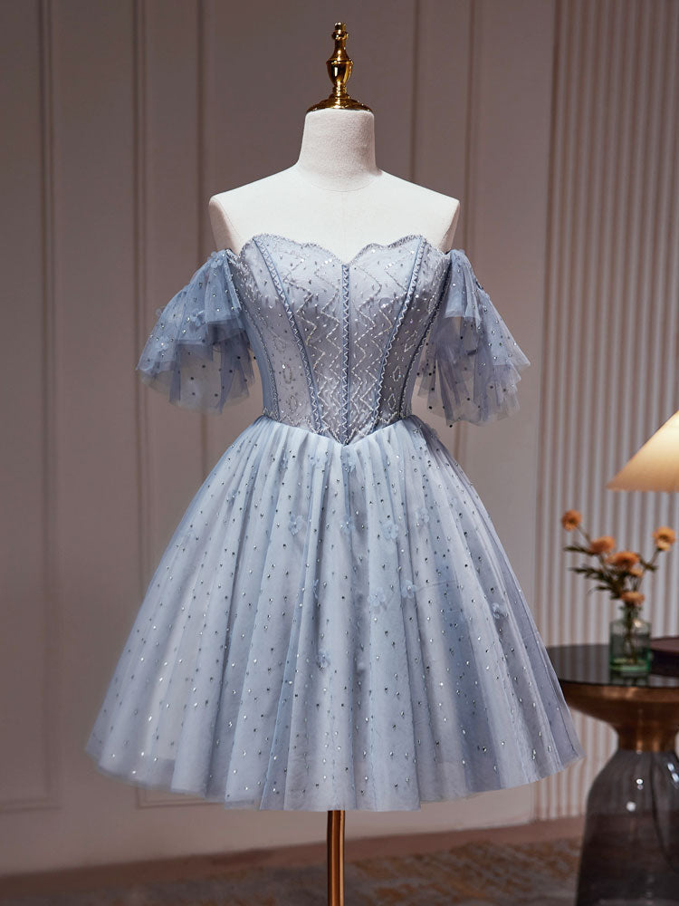 Homecoming Dress Short Prom, A-Line Gray Blue Tulle Short Prom Dress. Cute Gray Blue Homecoming Dress