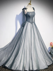 Bridesmaids Dresses Color, A Line Gray Long Prom Dresses, Tulle Gray Formal Graduation Dress with Beading