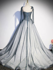 Bridesmaide Dress Colors, A Line Gray Long Prom Dresses, Tulle Gray Formal Graduation Dress with Beading