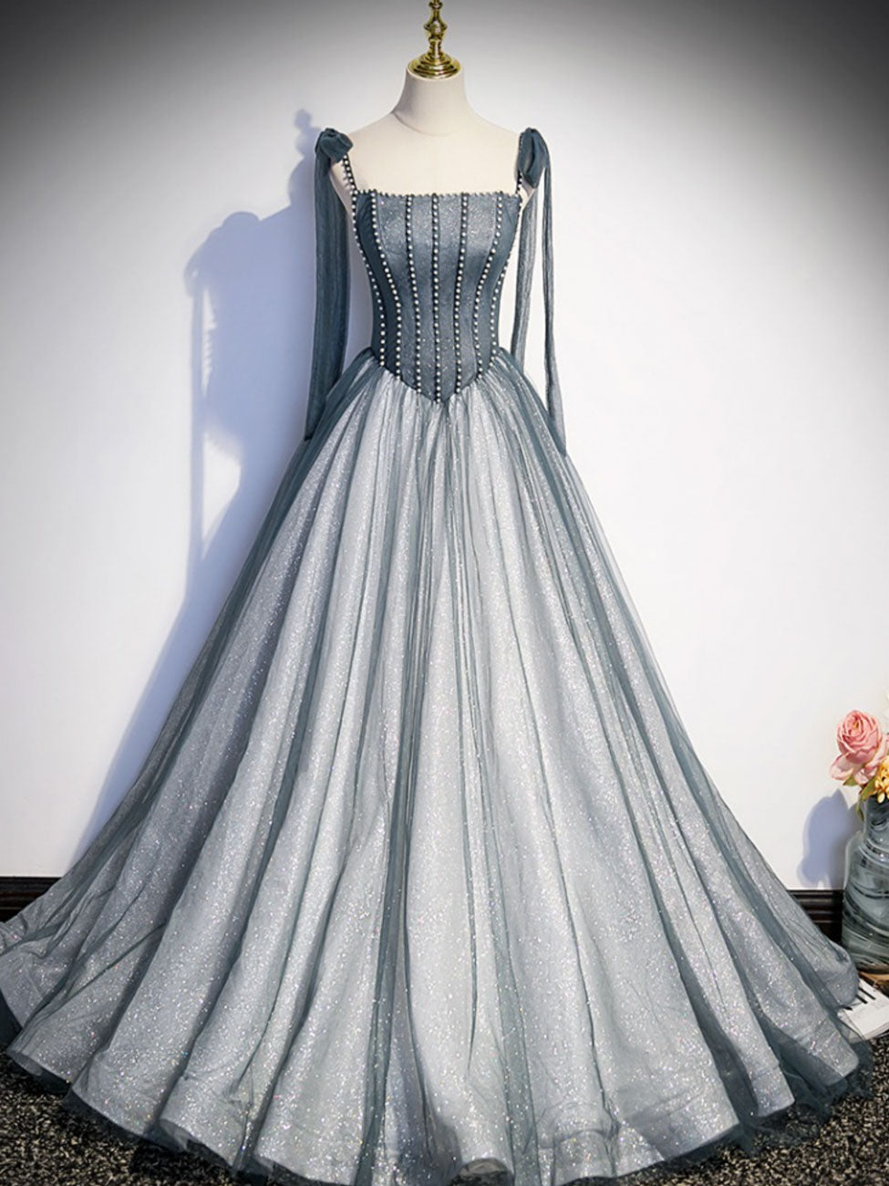 Bridesmaid Dress Color, A Line Gray Long Prom Dresses, Tulle Gray Formal Graduation Dress with Beading