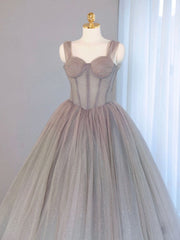 Prom Dress Boutique, A-Line Gray Sweetheart Neck Long Prom Dresses, Gray Formal Evening Dress