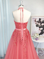 Bridesmaids Dresses Affordable, A-line Halter Appliques Lace Sweep Train Tulle Dress