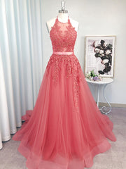 Bridesmaid Dresses Custom, A-line Halter Appliques Lace Sweep Train Tulle Dress