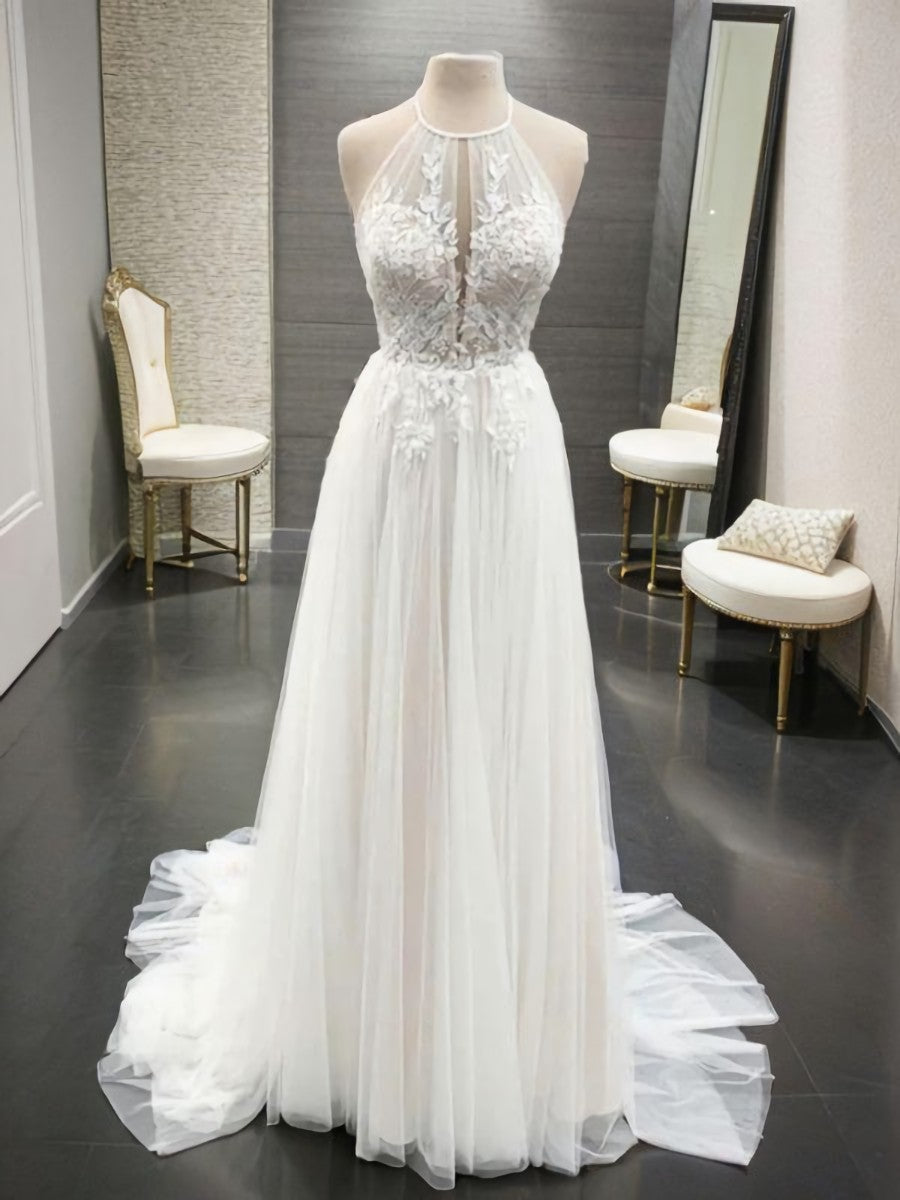 Wedding Dress Outfit, A-line Halter Appliques Lace Sweep Train Tulle Wedding Dress