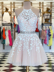 Prom Dresse Two Piece, A Line Halter Neck Short Champagne Lace Prom Dresses,Lace Formal Homecoming Dress