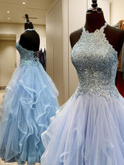 Bridesmaide Dress Colors, A-line Halter Ruffles Floor-Length Tulle Dress