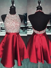Bridesmaid Dresses Designers, A-line Halter Sequin Short/Mini Satin Dress