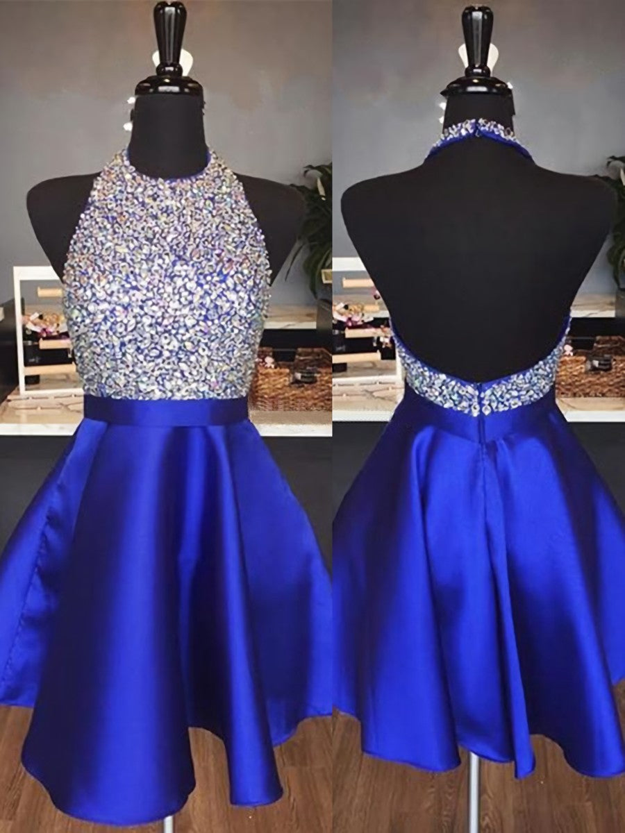 Bridesmaid Dress Designer, A-line Halter Sequin Short/Mini Satin Dress