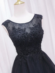 Evening Dress Long Sleeve, A-Line Lace Tulle Black Short Prom Dress, High Low Black Homecoming Dress