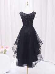 Evening Dresses 3 14 Sleeve, A-Line Lace Tulle Black Short Prom Dress, High Low Black Homecoming Dress