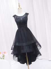 Evening Dresses Gold, A-Line Lace Tulle Black Short Prom Dress, High Low Black Homecoming Dress