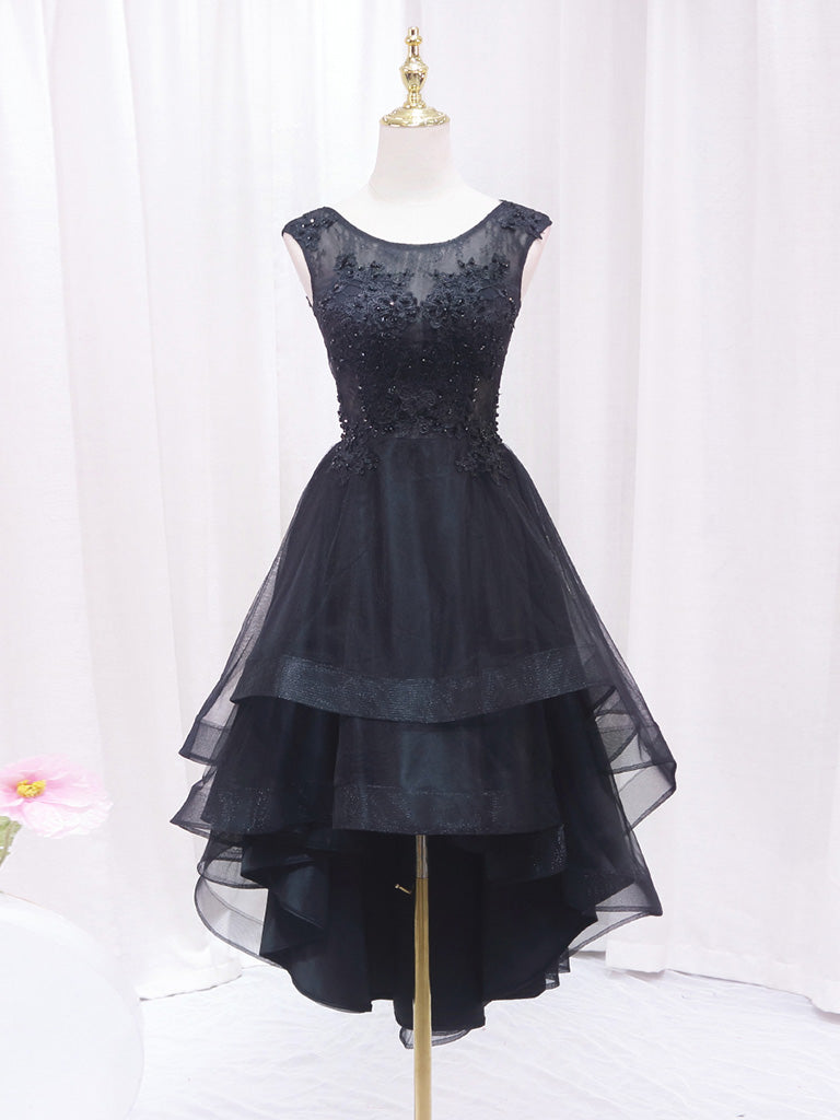 Evening Dresses Long Sleeve, A-Line Lace Tulle Black Short Prom Dress, High Low Black Homecoming Dress