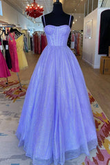 Formal Dresses Truworths, A-Line Lavender Shiny Tulle Prom Dress, Long Spaghetti Strap Evening Dress
